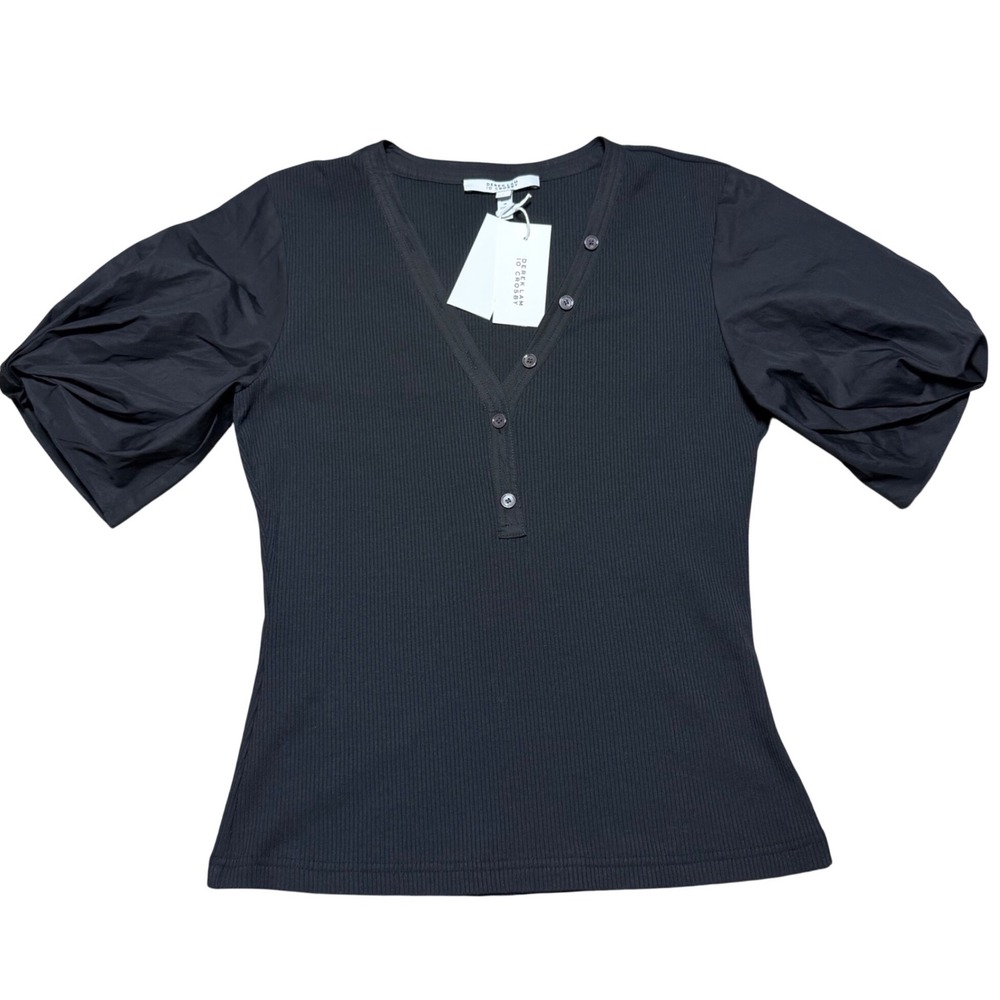 NEW Derek Lam 10 Crosby Fall Mixed Media T Shirt Puff Sleeve V Neck Black $250